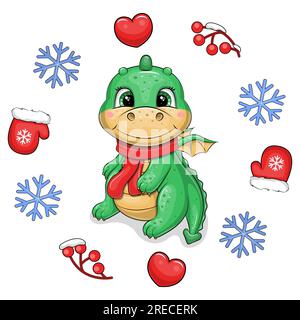 Süßer grüner Cartoon-Drache mit rotem Schal in einem Winterrahmen. Weihnachtsvektordarstellung eines Tieres mit Fäustlingen, Herzen, Beeren, Schneeflocken. Stock Vektor