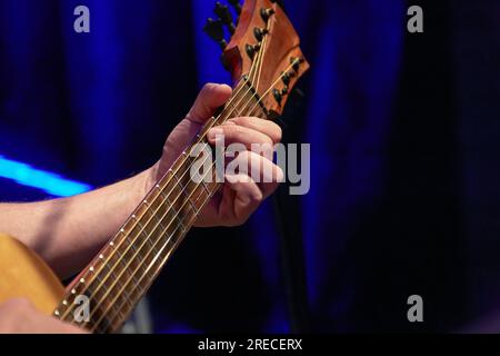 Bild von Fingern, die einen Akkord auf dem Frittbrett einer Akustikgitarre aufnehmen Stockfoto