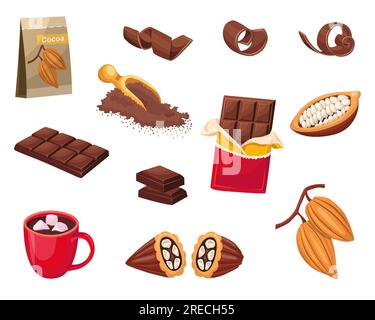 Schokoladenset. Schokoladenriegel, Kakaopulver, Kakaobohnen. Weltschokoladentag. Vektorillustration Stock Vektor