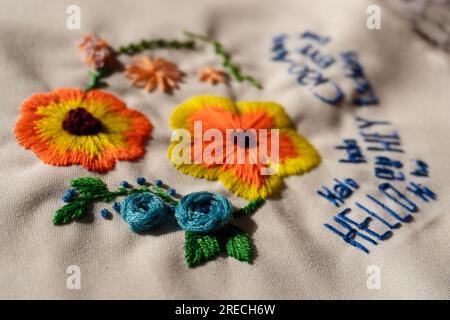 Eine Blumenstickerei mit Buchstaben auf einem weißen Tuch (hallo und Tschüss in verschiedenen Sprachen). Nahaufnahme des Stickereimusters für Anfänger. Stockfoto
