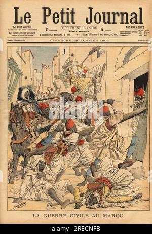 La Guerre civile au Maroc, ou les troupes du sultan Abdelaziz (1878-1943) combattent les partisans du Prophete Bou Hamara, dans toute la Region nord du Pays, depuis le Riff jusqu'a Taza, les Villages sont pilles et incendies par les rebelles. Gravure in "Le Petit Journal" 1811903. . Stockfoto