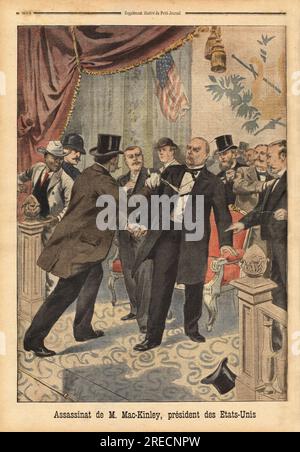 Leon Czolgosz (1873-1901), un anarchiste americain d'origine polonaise, tire deux balles de Revolver dans la poitrine de William McKinley (1843-1901), 25eme President des Etats-Unis d'Amerique, lors de l'exposition panamericaine a Buffalo. Gravure in "Le Petit Journal" 2191901. . Stockfoto