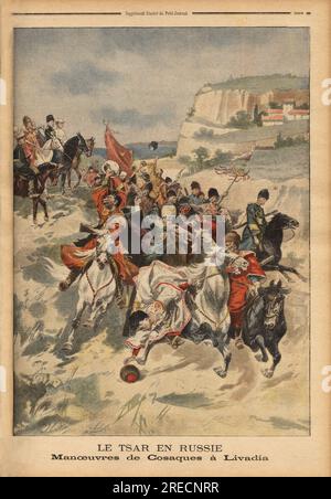Manoeuvre des Cavaliers cosaques a Livadia ( Russie), sous l'oeil attentif du tzar Nicolas II de Russie(1868-1918) et de son etat major. Gravure in "Le Petit Journal" 2991901. . Stockfoto