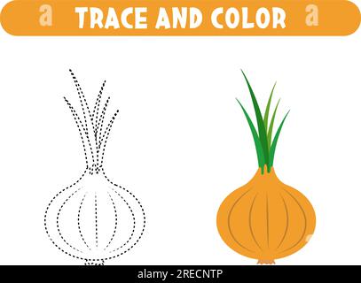 Süße Cartoon-Zwiebel mit Farbmuster. Arbeitsblatt für Kinder Stock Vektor