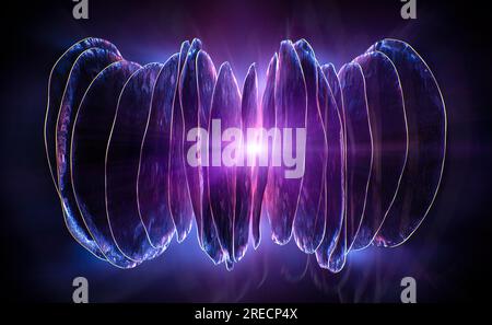 Abstrakter Hintergrund, Technologiekonzept, 3D-Rendering, Glaskreise mit farbenfrohem pinkfarbenen Emitter Stockfoto