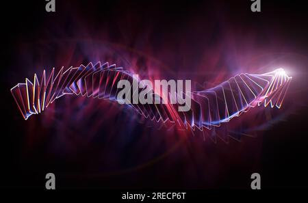 Abstrakter Hintergrund, Technologiekonzept, 3D-Rendering, rotierende Glasquadrate mit farbenfrohem Lichtemitter Stockfoto