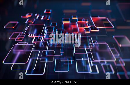Abstrakter Hintergrund, Technologiekonzept, 3D-Rendering, transparente Glasquadrate mit pinkfarbenem Lichtemitter Stockfoto