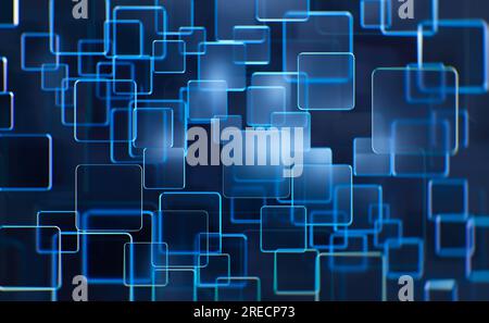 Abstrakter Hintergrund, Technologiekonzept, 3D-Rendering, durchscheinende blaue Glasquadrate mit farbenfrohem Lichtemitter Stockfoto