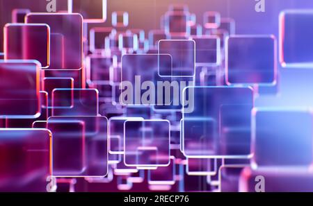 Abstrakter Hintergrund, Technologiekonzept, 3D-Rendering, transparente Glasquadrate mit pinkfarbenem Lichtemitter Stockfoto