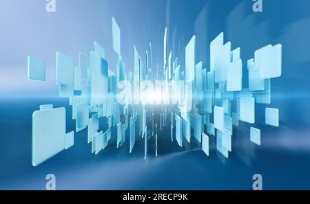 Abstrakter Hintergrund, Technologiekonzept, 3D-Rendering, fliegende blaue Quadrate, mittlere Lichtstrahlen Stockfoto