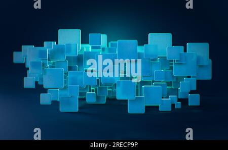 Abstrakter Hintergrund, Technologiekonzept, 3D-Rendering, blaue matte Quadrate auf dunkelblauem Hintergrund Stockfoto