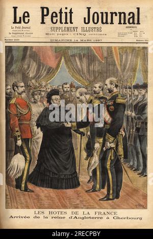 L'arrivee de la reine d'Angleterre, Victoria de Wettin, nee de Hanovre (1819-1901), a Cherbourg pour son sejour annuel a Nice, est accueillie par les officiels francais. Gravure in "Le Petit Journal" 14031897. . Stockfoto
