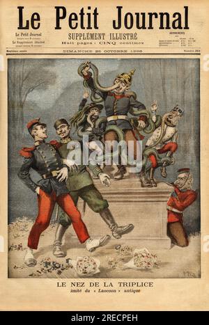 Allegorie caricaturale sur la triplice ou Triplice ou Triple Alliance, entre l'Allemagne, l'Autriche-Hongrie et l'Italie, concern passer l'autre alliance europeenne, de la France avec la Russie. Gravure in "Le Petit Journal" 25101896. Stockfoto