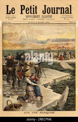 UN enorme bloc de glace se detache du Continent a Helsingfors ( sud du golfe de la Finlande), et emporte en pleine mer plus de 500 personnes et 20 chevaux. Gravure in "Le Petit Journal" 5031894. Stockfoto