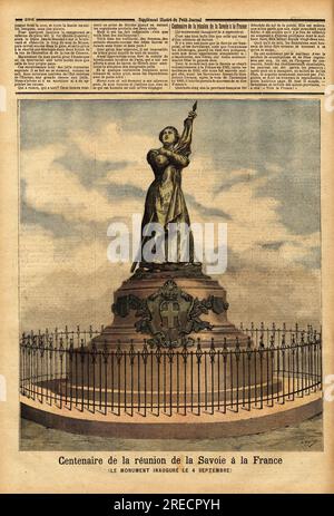 Monument de mememoration du centenaire du rattachement de la Savoie a la France (1792), par le sculpteur Falguiere, inaugure le 4 septembre. Gravure in "Le Petit Journal" 10101892. Stockfoto