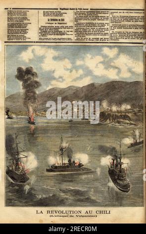 Le Chili, en pleine guerre civile, peu apres avoir gagne son Independent, les navires cuirasses des insurges, appeles congressistes, bombardent les Ports chiliens, pour lutter contre l'influence et la politique du President Jose Manuel Balmaceda (1840-1891). Gravure in "Le Petit Journal" 13061891. Stockfoto