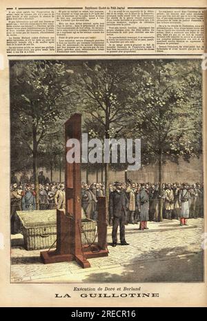 La Guillotine, Machine de Decapitation, montee pour une execution en place publique, devant la prison de la roquette, dans la rue de la croix faubin a Paris, ou plus de 70 Kriminelle ont ete exekutierte entre 1851 et 1899. Gravure in "Le Petit Journal" 8081891. Stockfoto