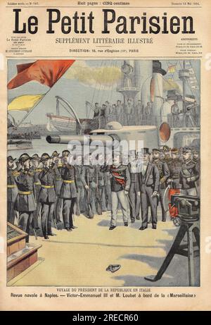 Le roi Victor-Emmanuel III d'Italie (Victor Emmanuel) (Vittorio Emanuele) und le President Emile Loubet, a Bord du navire francais „la Marseillaise“. Gravure in 'Le Petit Parisien', le 15051904. Stockfoto