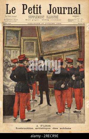 Instruction artistique des soldats de la caserne des Tourelles et de celle du Chateau d'Eau, au musee du Luxembourg, A Paris; chaque mercredi, un officier en civil est Charge d'expliquer le sens des tableaux stellt dans les galeries de peinture aus. Gravure in "Le Petit Journal" 2771902. . Stockfoto