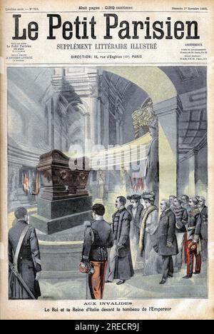 Victor Emmanuel III d'Italie (Victor-Emmanuel) (Vittorio Emanuele) et la reine Helene du Montenegro devant le tombeau de Napoleon 1er aux Invalides, accompagnes du President Emile Loubet. Gravure in 'Le Petit Parisien', le 01111903. Stockfoto