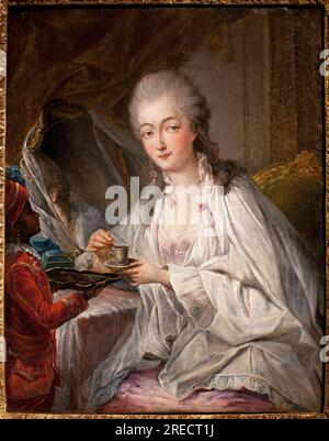 Portrait de madame du Barry (Jeanne BeCu, comtesse (ou madame) du Barry (1743-1793) a sa toilette, son esclave noir Zamor lui apporte une tasse de Cafe - Copie d'apres Jean Baptiste Andre Gauthier Dagoty (ou Gauthier D'Agoty) (1740-1786), 18e fin siectoile sur (Porträt von Madame Du Barry und The Page Zamor, Kopie nach Jean Baptiste Andre Gauthier Dagoty, Öl auf Leinwand Ende des 18. Jahrhunderts) - Musée Calouste Gulbenkian, Lisbonne (Portugal) Stockfoto