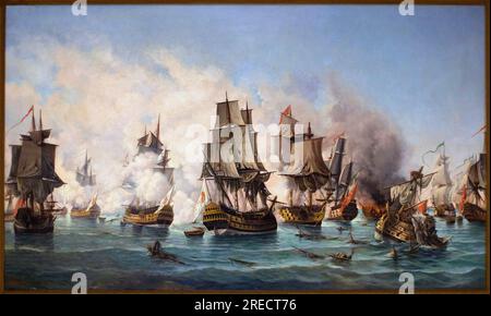 La bataille navale a Cap Matapan (ou Cap Tenare, Grece), 19 juillet 1717 1956, entre la flotte portugaise et la flotte Turque pendant la guerre veneto-austro-ottomane (troisieme guerre austro-ottomane ou septieme guerre veneto-ottomane) (1714-1718) - Peinau d'Ottoile, Riau de Ramoau de tabau de, Ricopie de ottoile En 1892 (Ottoman-Venezianischer Krieg (1714-18) oder Austro-Türkischer Krieg von 1716-1718 : die Schlacht von Kap Matapan, 19. Juli 1717, von A Ramos Ribeiro, 1956, Kopie des Originals von Joao Dantas, 1892) - Musee de la Marine de Lisbonne (Portugal) - Achtung! Ich bin raus Stockfoto