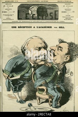 Portrait de Joseph d'Haussonville (1809-1884), homme politique et Diplomate francais et Alexandre Dumas fils (1824-1895), auteur Dramatique et romancier francais. Couverture in „L'Eclipse“, Par Gill, le 25 fevrier 1875, Paris. Stockfoto