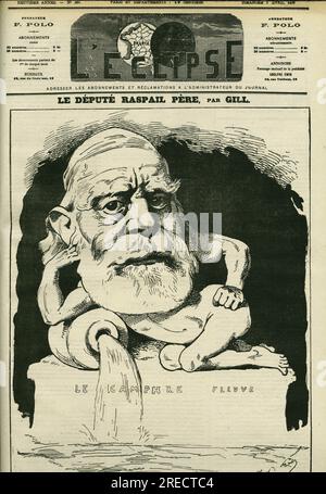 Portrait de Francois-Vincent Raspail (1794-1878), Chimiste, medecin, et homme politique francais. Couverture in 'L'Eclipse' par Gill, le 2 avril 1876, Paris. Stockfoto