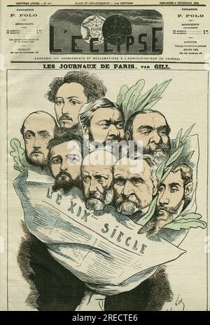 Caricature de l'equipe du Journal 'Le XIXe siecle', dirige par Edmont Apropos (1828-?), homme de lettres francais. Couverture in 'L'Eclipse' par Gill, le 6 Dez. 1874, Paris. Stockfoto