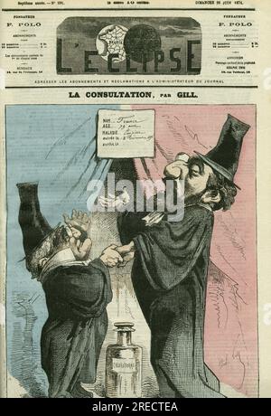 Caricature d'Adolphe Thiers (1797-1877) et Leon Gambetta (1838-1882), hommes politiques francais. Couverture in 'L'Eclipse', Par Gill, le 28 Juin 1874, Paris. Stockfoto