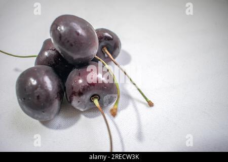 Black Cherry: Ein eindrucksvolles Bild mit einer dunklen schwarzen Kirsche auf einem strahlend weißen Hintergrund, das ein optisch ansprechendes und auffälliges Kont Stockfoto