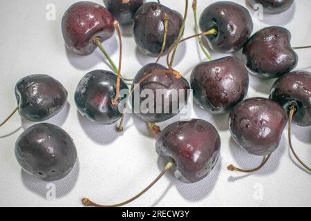 Black Cherry: Ein eindrucksvolles Bild mit einer dunklen schwarzen Kirsche auf einem strahlend weißen Hintergrund, das ein optisch ansprechendes und auffälliges Kont Stockfoto