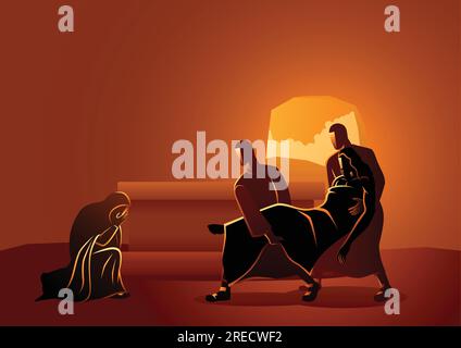 Biblische Vektor-Illustration-Serie. Kreuzweg oder Stationen des Kreuzes, vierzehnten, Jesus ist in das Grab gelegt. Stock Vektor