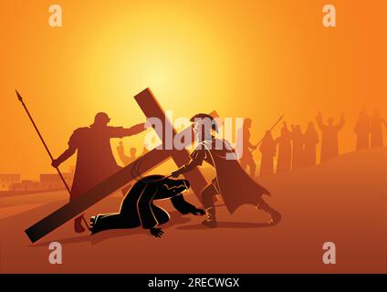 Biblische Vektor-Illustration-Serie. Kreuzweg oder Kreuzstationen, neunte Station, Jesus fällt zum dritten Mal. Stock Vektor