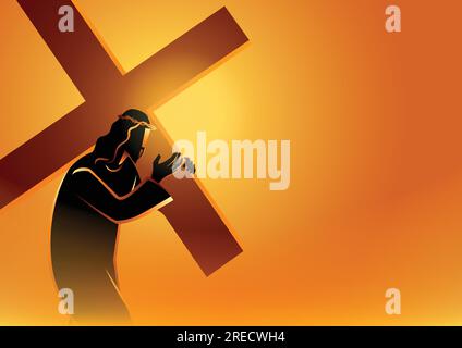 Biblische Vektor-Illustration-Serie. Kreuzweg oder Stationen des Kreuzes, Jesus nimmt sein Kreuz. Stock Vektor