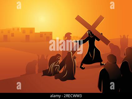 Biblische Vektor-Illustration-Serie. Kreuzweg oder Kreuzstationen, achte Station, die Frauen von Jerusalem trauern um Jesus. Stock Vektor