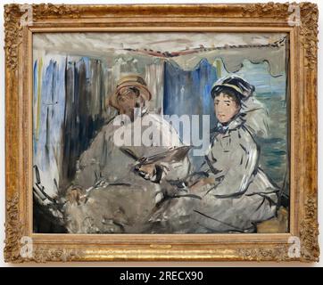 Le peintre Claude Monet (1840-1926) dans son Atelier. (A ses cotes, Sohn epouse Camille, dans son Bateau Atelier). Peinture de Edouard Manet (1832-1883), huile sur toile, 1874. Art francais 19e Siecle. Staatsgalerie, Stuttgart (Allemagne). Stockfoto