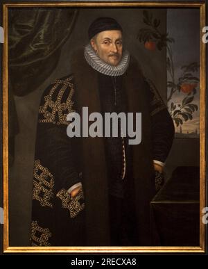 Guillaume (Willem ou William) d'Orange (1533-1584). Guillaume de Nassau, Prince d'Orange, dit Guillaume le taciturne, fondateur de la maison Orange Nassau, decrit devant la ville de Delft (Pays Bas). Au 17e siecle, un oranger, symbole de la Croissance de la famille a ete ajoute a la composition. Der Nachfolger A Daniel Van den Queborn (1552-1602), 1599. Musée historique de la Haye (Pays Bas). Stockfoto