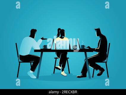 Business Vektor Illustration einer Gruppe von jungen Menschen in Legere Kleidung, die in einem Café arbeitet Stock Vektor