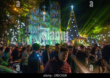 In Hanoi, Vietn, versammeln sich Menschenmassen von Vietnamesen neben der dramatisch beleuchteten St. Joseph's Cathedral und ihrem Weihnachtsbaum Stockfoto