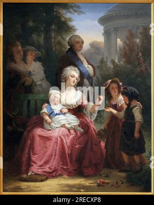 La Famille royale ein Trianon. Louis XVI (1754-1793) et Marie Antoinette (1755-1793), avec un enfant endormi portant le ruban bleu des rois de France. La reine faisant l'aumone a une fillette, dans le Parc du Chateau de Versailles. Peinture de Charles Louis Lucien Müller (1815-1892), Huile sur toile, 97 x 75,5 cm, Vers. 1860. Art francais 19e Siecle. Musée des Beaux Arts de Libourne. Stockfoto