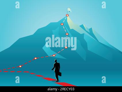 Business Concept Vektor Illustration eines Geschäftsmannes nach dem roten Linien, die zur Spitze eines Berges führen Stock Vektor