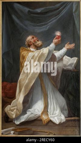 St. Augustin en extase avec son coeur enflamme. Peinture de Charles Andre Van Loo, dit Carle Vanloo (1705-1765), huile sur toile, vers 1750, Art francais. Musée des Beaux Arts d'Angers. Stockfoto