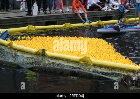 Paddington Basin, London, Großbritannien. 27. Juli 2023 Rubber Duck Race sammelt lebenswichtige Spenden für KOSMISCHE Wohltätigkeitsorganisationen, unterstützt Kinder und Neugeborenen-Intensivstationen im St. Mary's & Queen Charlotte's Hospital. Kredit: Matthew Chattle/Alamy Live News Stockfoto