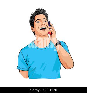 Ein glücklicher Zeichentrickfigur, der mit dem Handy spricht. Cartoon-Vektordarstellung isoliert auf weißem Hintergrund Stock Vektor