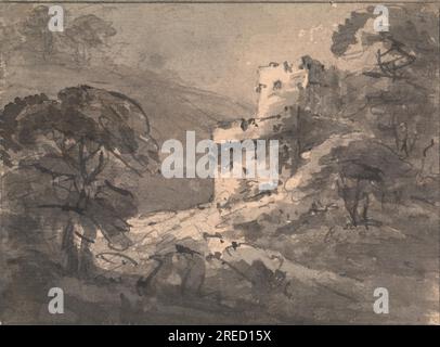 Landschaft mit einer Burgruine auf der rechten Seite zwischen 1745 und 1748 von William Gilpin Stockfoto