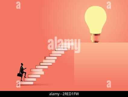 Geschäftsdarstellung einer Geschäftsfrau mit Koffer, die aus Büchern, die zu einer Glühbirne führen, die Treppe hinauf geht. Bildung, Lösung, Wissen Stock Vektor