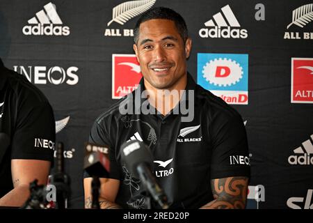 27. Juli 2023: Auckland, Neuseeland: Aaron Smith während einer neuseeländischen All Blacks Pressekonferenz im Park Hyatt, Auckland, Neuseeland am Donnerstag, den 27. Juli 2023 vor dem Rugby-Meisterschaftsspiel gegen Australien. Stockfoto