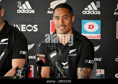 27. Juli 2023: Auckland, Neuseeland: Aaron Smith während einer neuseeländischen All Blacks Pressekonferenz im Park Hyatt, Auckland, Neuseeland am Donnerstag, den 27. Juli 2023 vor dem Rugby-Meisterschaftsspiel gegen Australien. Stockfoto