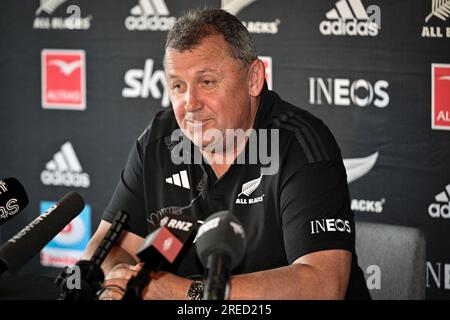 27. Juli 2023: Auckland, Neuseeland: Cheftrainer Ian Foster während einer neuseeländischen All Blacks Pressekonferenz im Park Hyatt, Auckland, Neuseeland, am Donnerstag, den 27. Juli 2023 vor dem Rugby Championship-Spiel gegen Australien. Stockfoto